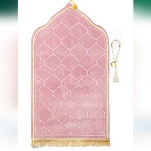 Pink Prayer Rug with Tasbih Prayer Beads - Pink With Gold Accents